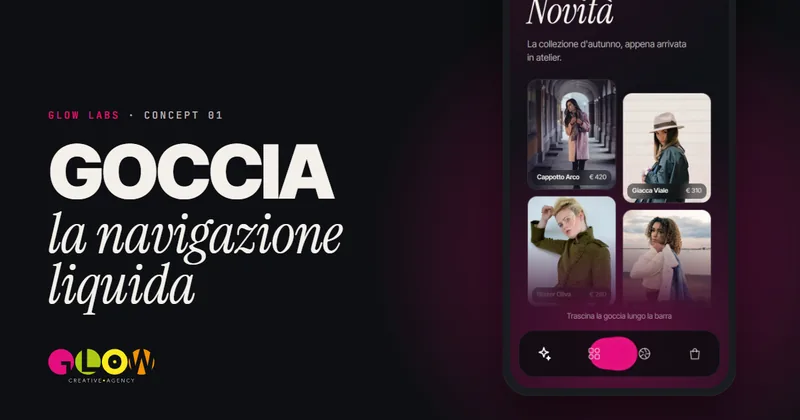 Concept Goccia: barra di navigazione di un'app di moda con una goccia magenta che si allunga tra le icone