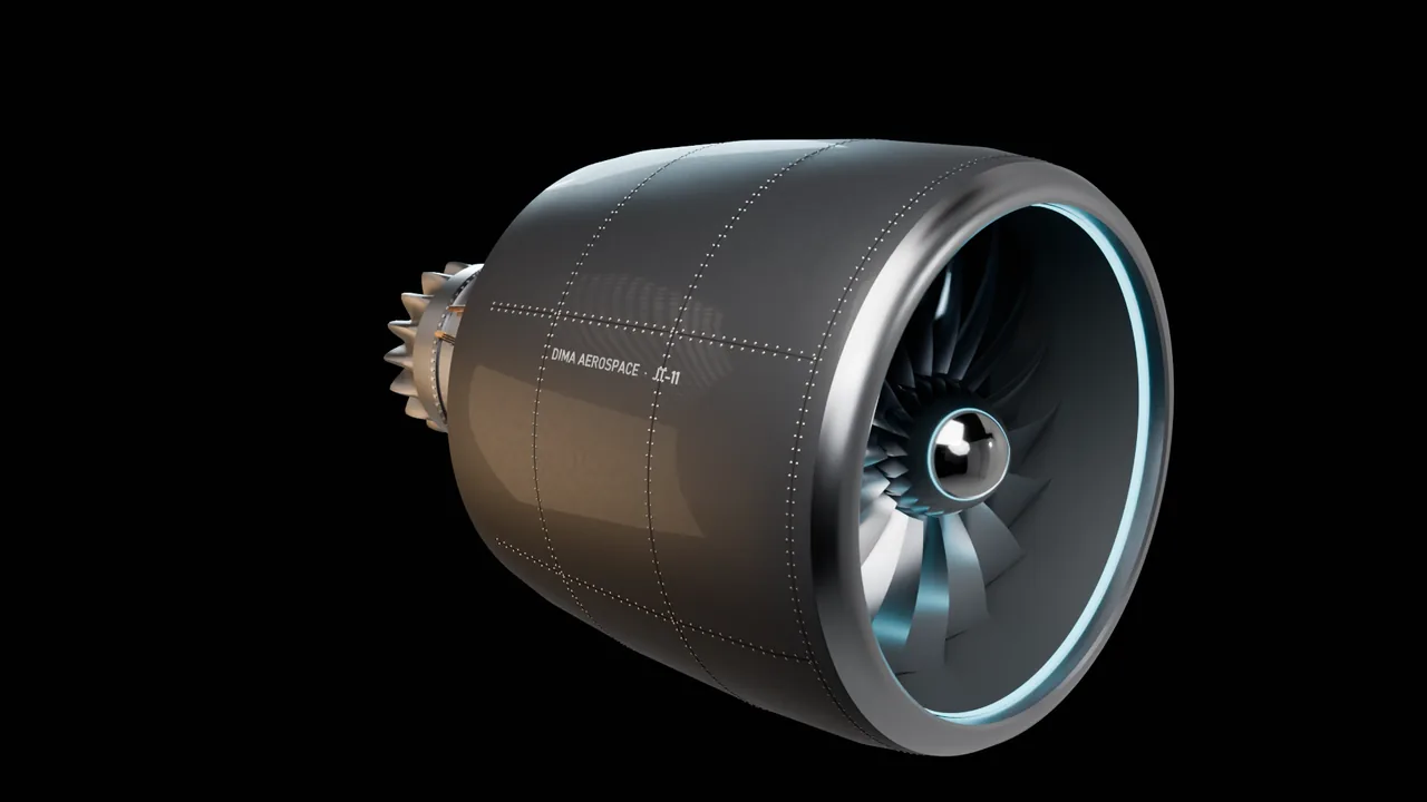 Il JT-11 montato: carenatura in composito con pannelli rivettati, marchio Dima Aerospace e anello luminoso nell'imbocco