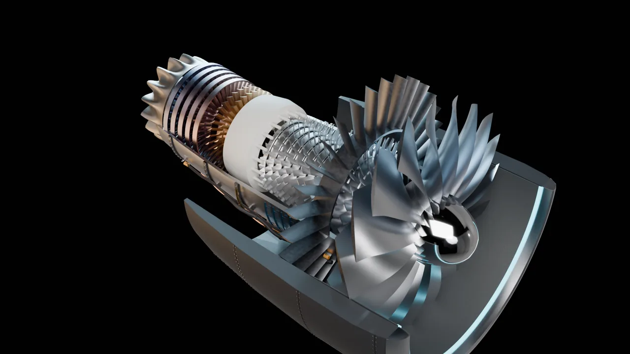 Il turbofan JT-11 in sezione: fan a scimitarra, compressori, camera di combustione e turbine visibili all'interno