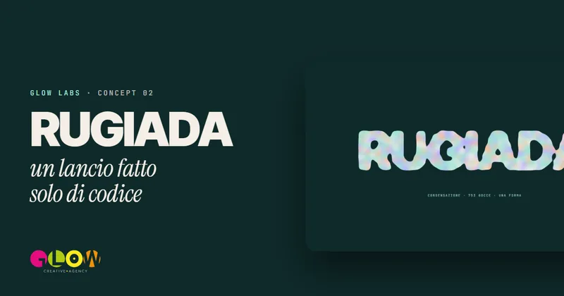 Concept Rugiada: il nome del brand formato da centinaia di gocce iridescenti su fondo verde acqua
